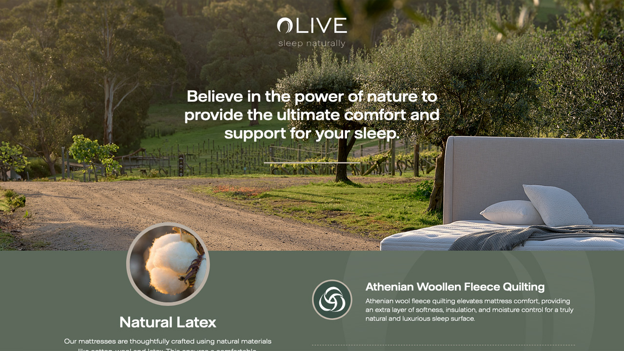 Preview of Olive Bedding website home page.