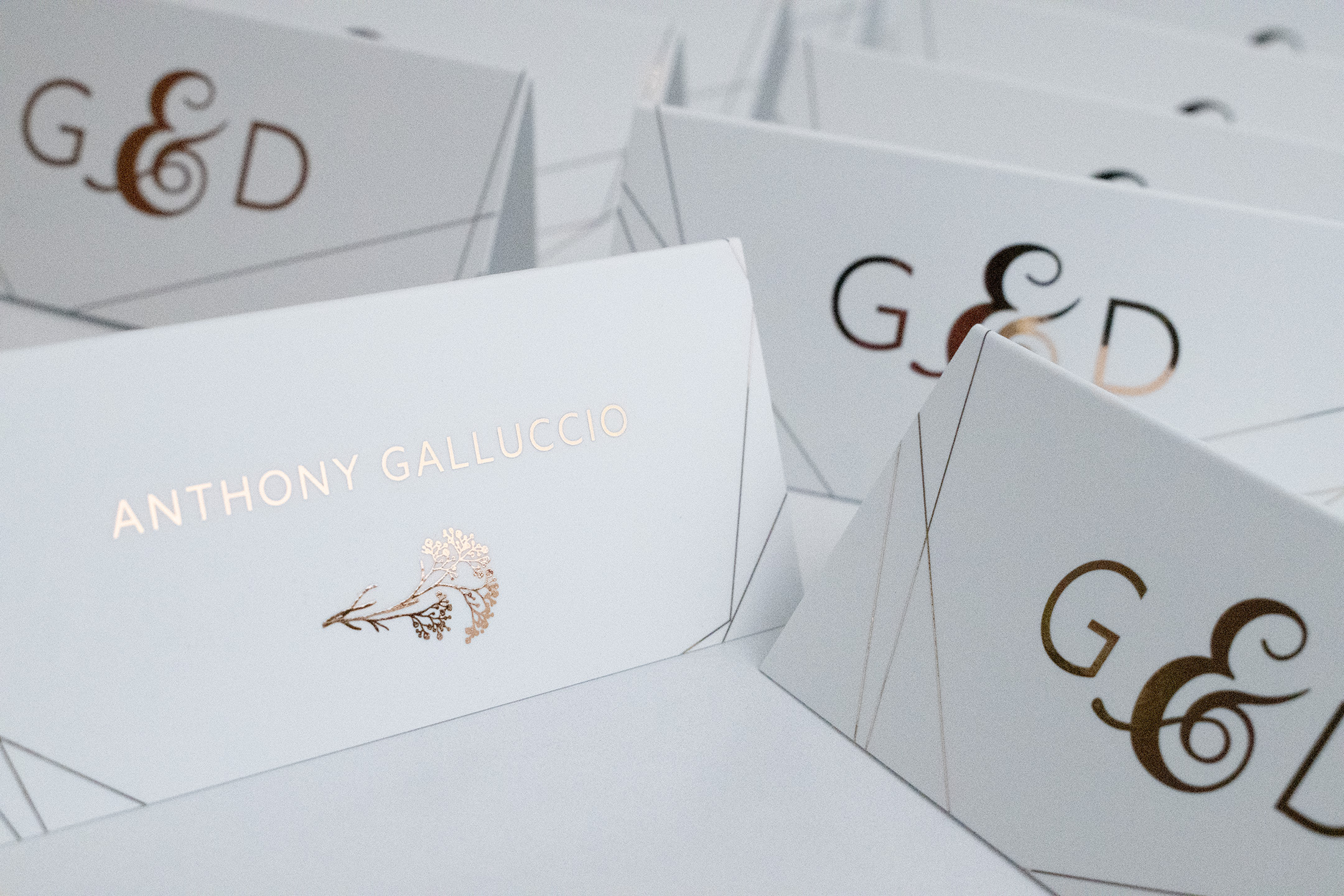 George & Dwayne wedding place cards featuring text and imagery on white in Gold Scodix finish.