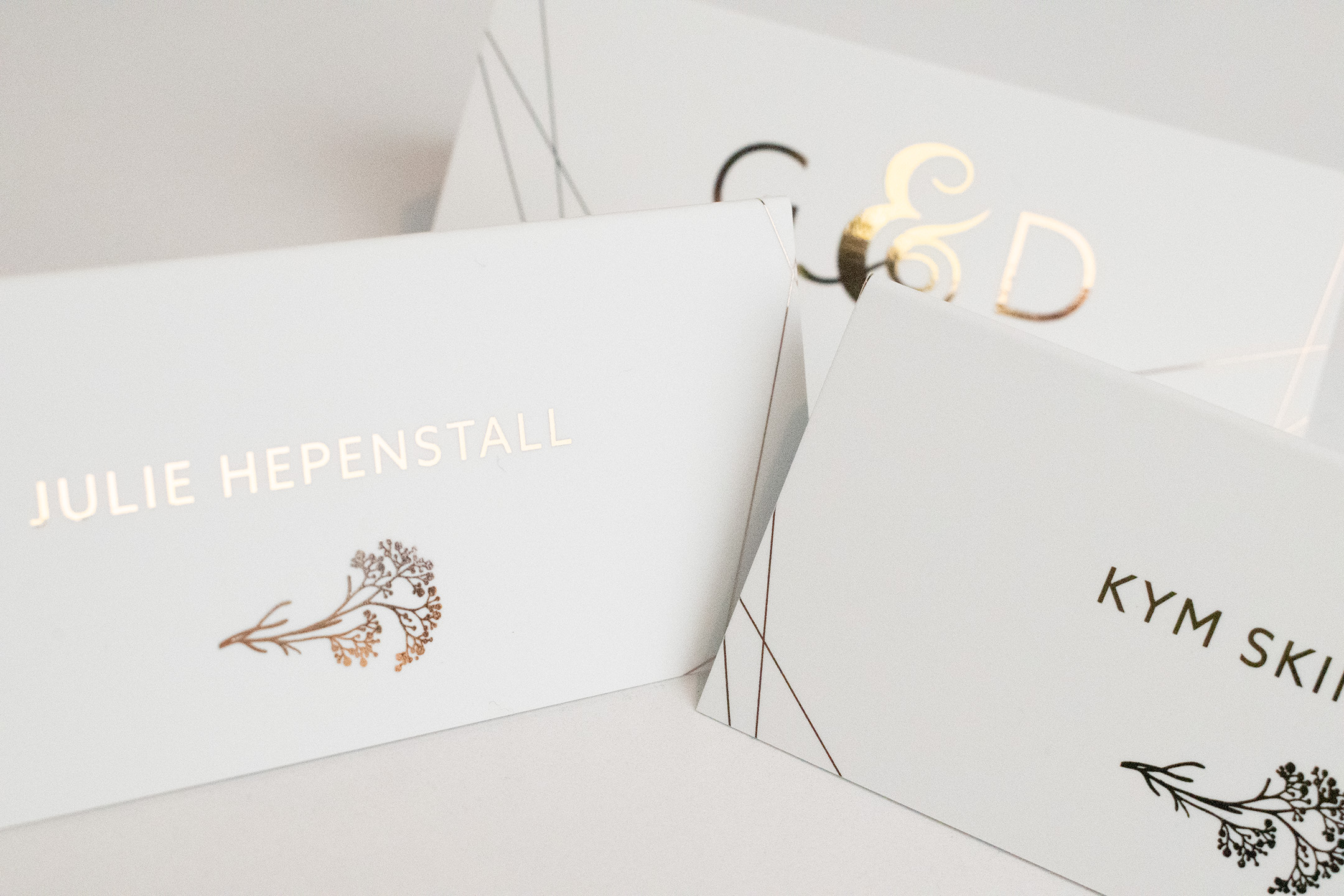 George & Dwayne wedding place cards featuring text and imagery on white in Gold Scodix finish.