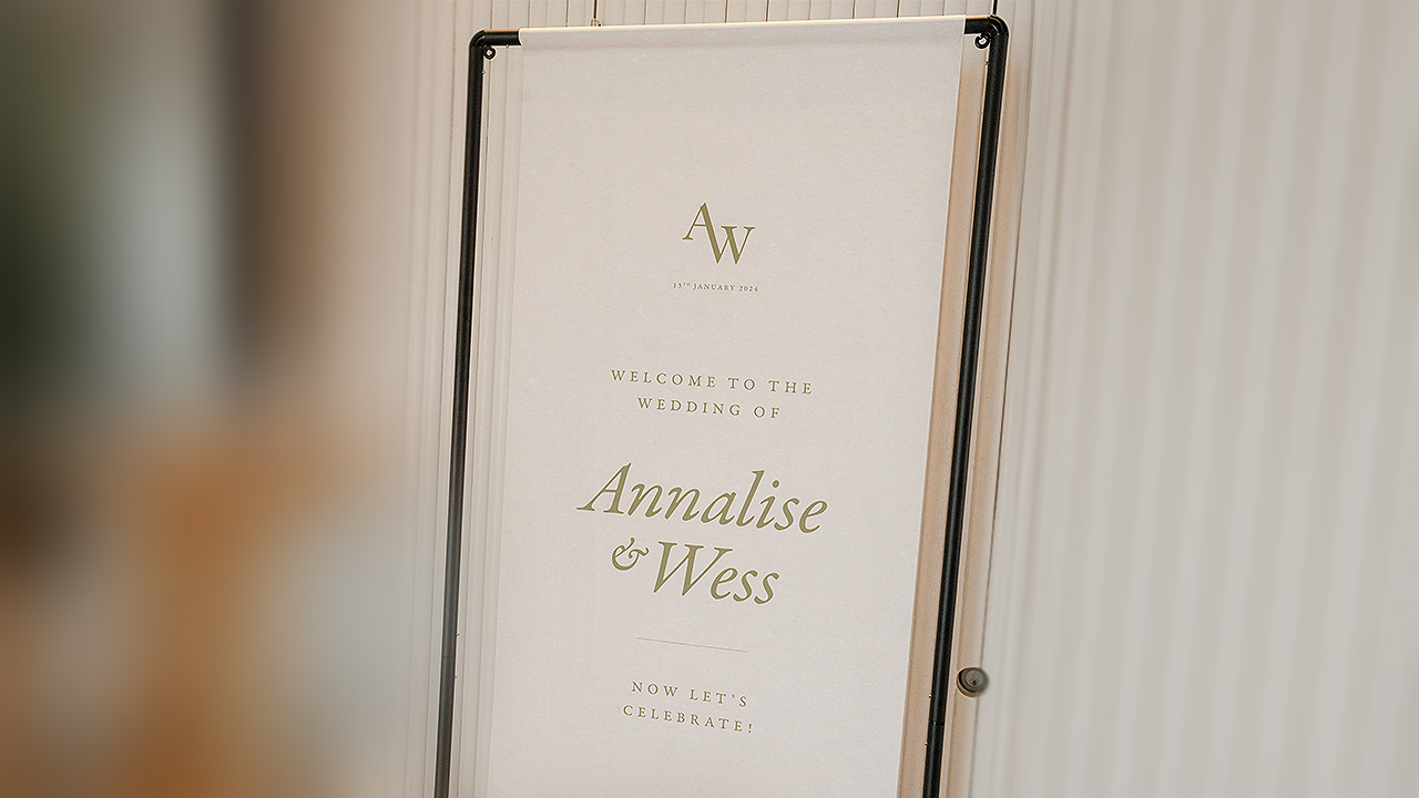 Photo of Annalise & Wess' wedding reception banner.