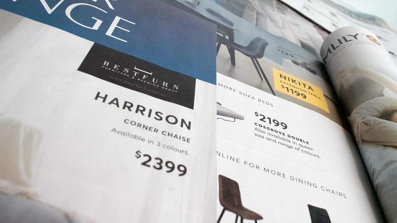 Shot of Bestfurn catalogue front cover and inside pages.